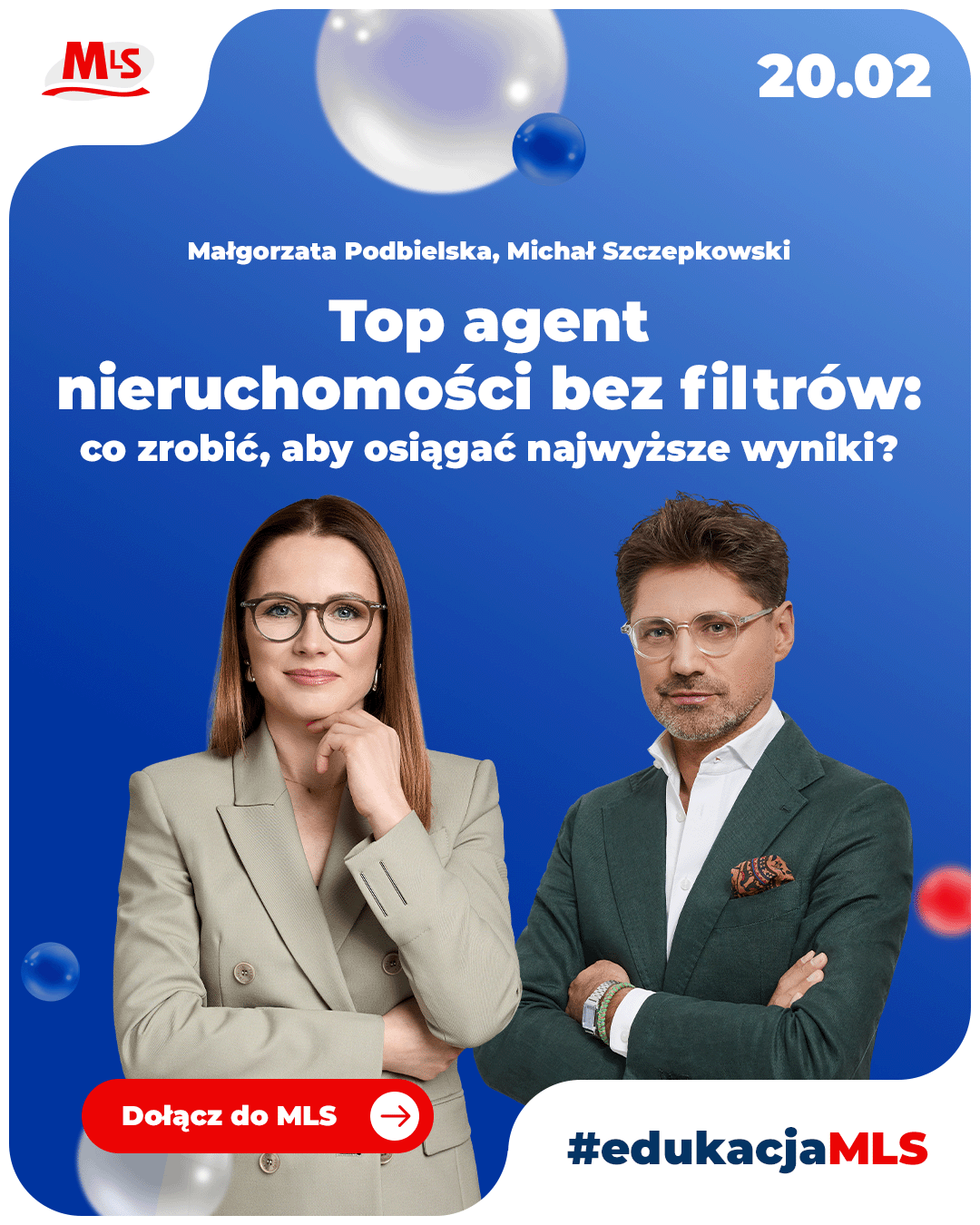 Social media tile for MLS promoting a live talk with top real estate agents, with a join MLS button and #edukacjaMLS hashtag on a blue background`