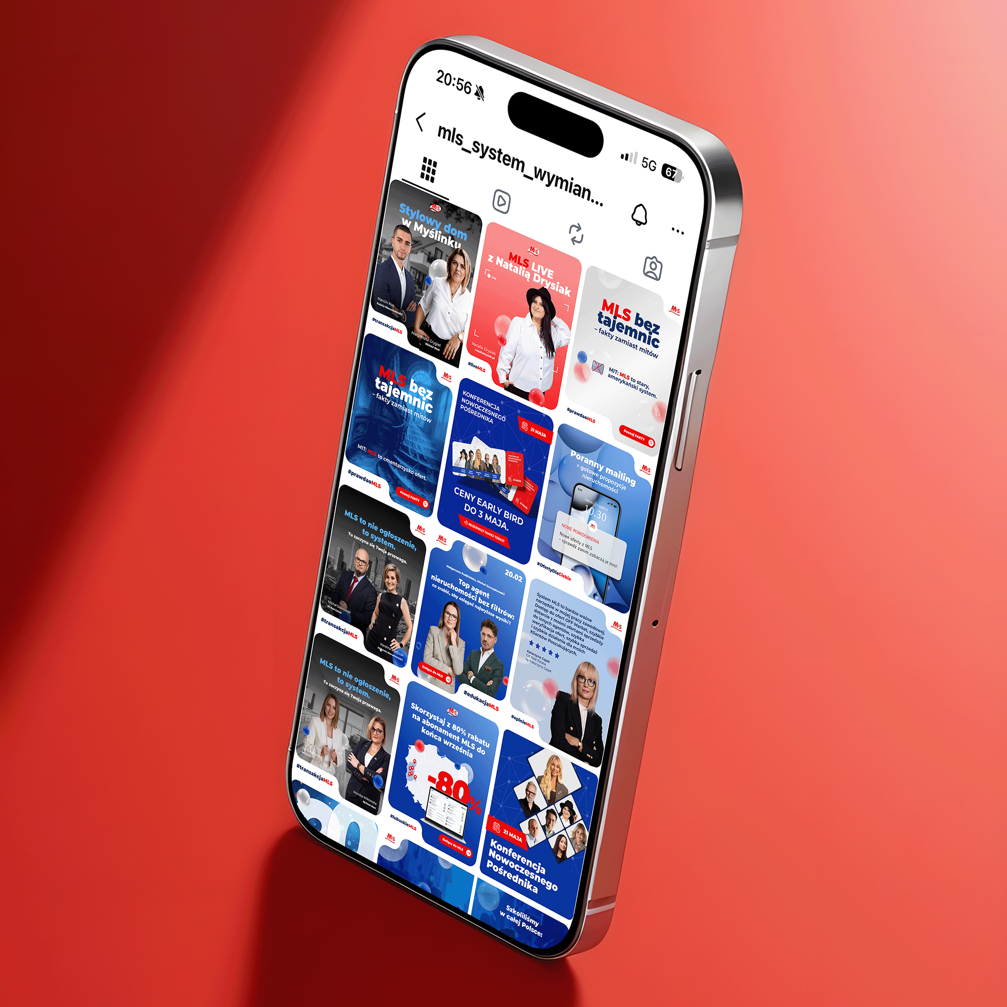 `Social media design case study for MLS showing a smartphone with an Instagram grid of branded posts on a red background, featuring cut‑corner layouts, colourful spheres and professional real estate photography`