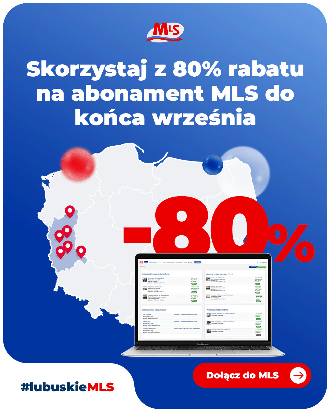 `Promotional MLS social media tile with a map of Poland, a laptop showing the MLS platform and a bold “-80%” graphic advertising an 80 percent discount on the MLS subscription