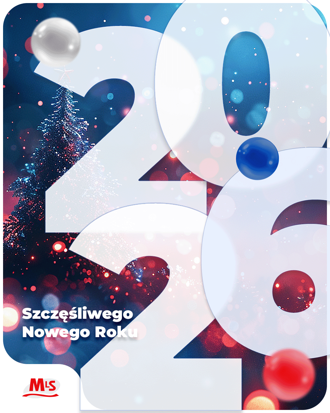 Festive MLS social media tile with large 2024 typography and the message “Happy New Year” in Polish on an abstract blue, white and red background