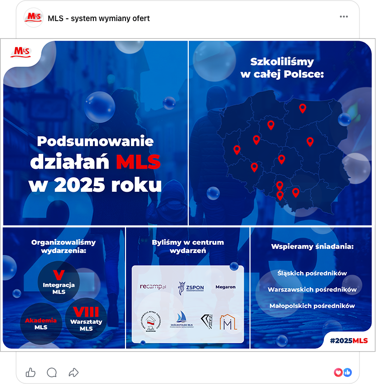 Facebook post for MLS summarising 2023 activities, including nationwide trainings, industry events, partner logos and supported regional broker breakfasts, on a dark blue infographic layout