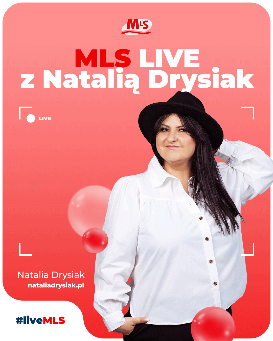 Vertical social media graphic for MLS promoting a live session with a female real estate expert, with MLS LIVE headline, red gradient background and floating spheres