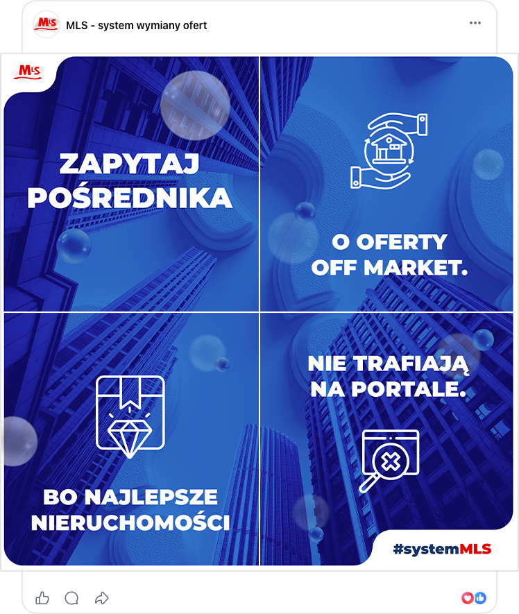 Facebook post for MLS encouraging users to ask brokers about exclusive off market offers, with blue skyscraper background and icons highlighting that the best properties do not appear on public portals