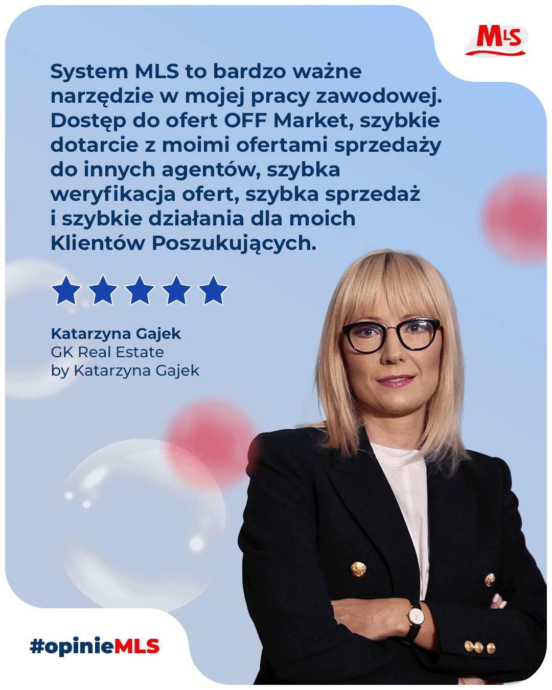 Testimonial MLS social media tile with a five star rating and a portrait of a female real estate agent on a light blue background with soft bokeh circles
