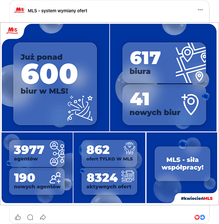 Facebook post for MLS showing April statistics of the offer exchange system, with numbers of offices, agents and listings presented in infographic style on a dark blue background