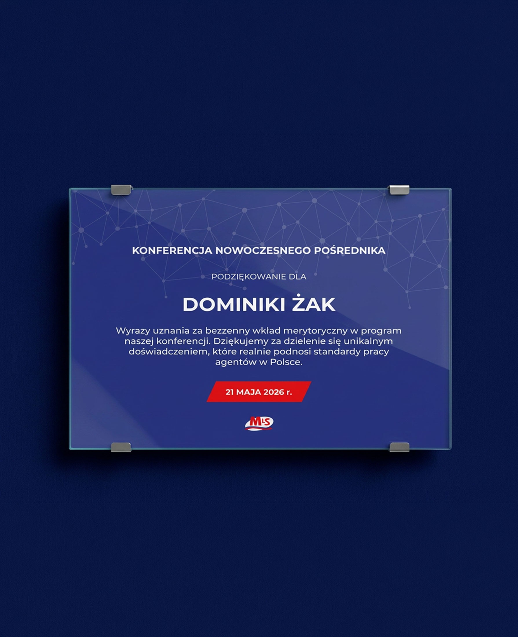 `Digital thank you plaque design on a dark blue background with glowing network pattern and highlighted name in the centre